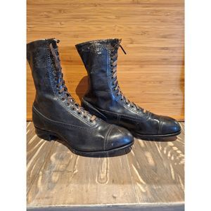 Antique Victorian Era Tom Boy Black Leather Shoes Lace Up Boots Rare